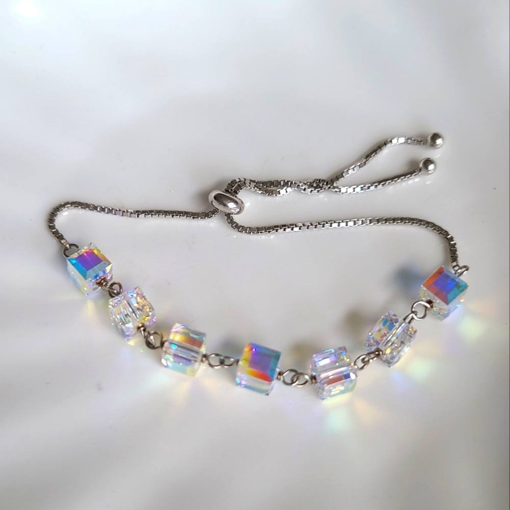 Aurora Borealis Crystal Beaded Silver Plated Bracelet Adjustable